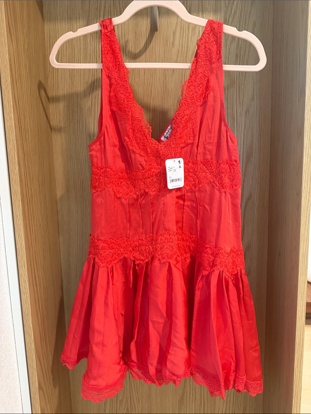 Free People Red Lace-Trim Sleeveless Chemise